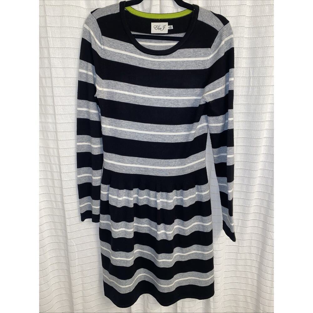 Eliza J Fit & Flare Sweater Dress Womens Size Medium Striped Gray Black White